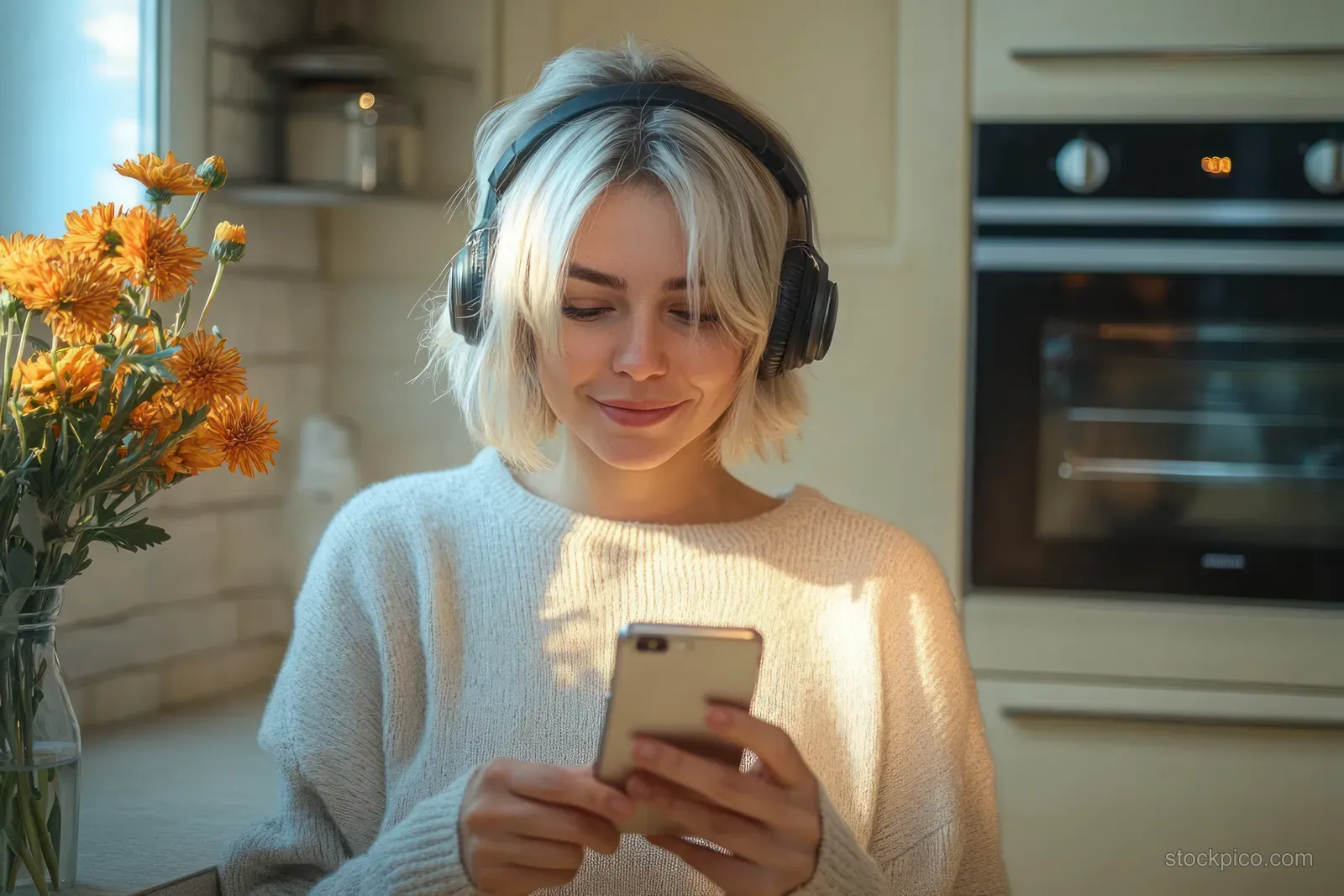 Young woman in headphones uses a smartphone in a warmly lit kitchen with orange flowers on the counter.
