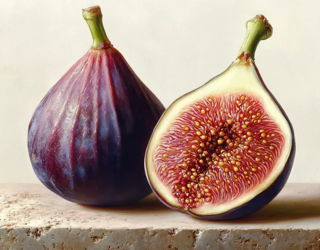 Whole and halved ripe figs with red and yellow seeds on a textured surface in soft light.