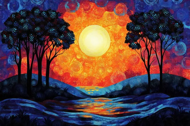 Dot painting depicts a glowing sunset over a river with dark tree silhouettes and patterned water ripples.