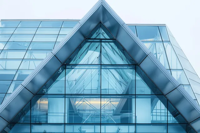 Low-angle triangular glass facade with blue reflections and steel framed window panels on a modern office building.