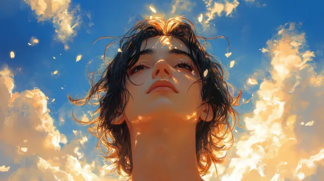 A smiling woman looks up at a blue sky with fluffy clouds and glowing sunlight in watercolor style.