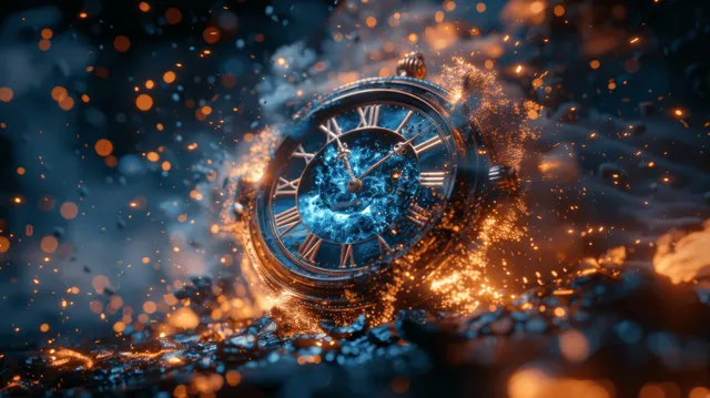 A Roman numeral pocket watch breaks apart in space, bursting blue energy sparks and fiery debris.
