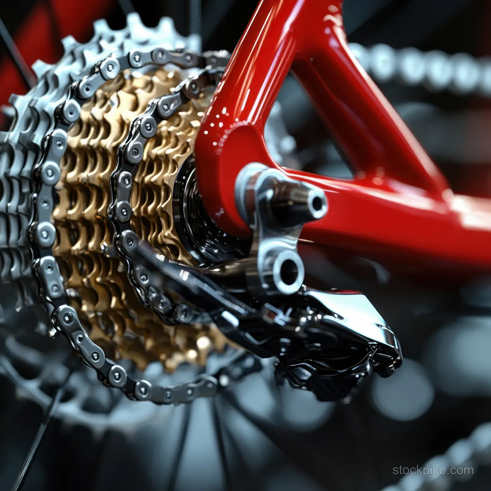 Close-up of a bicycle rear cassette and chain with derailleur on a red frame, showing metallic gear teeth and link structure.
