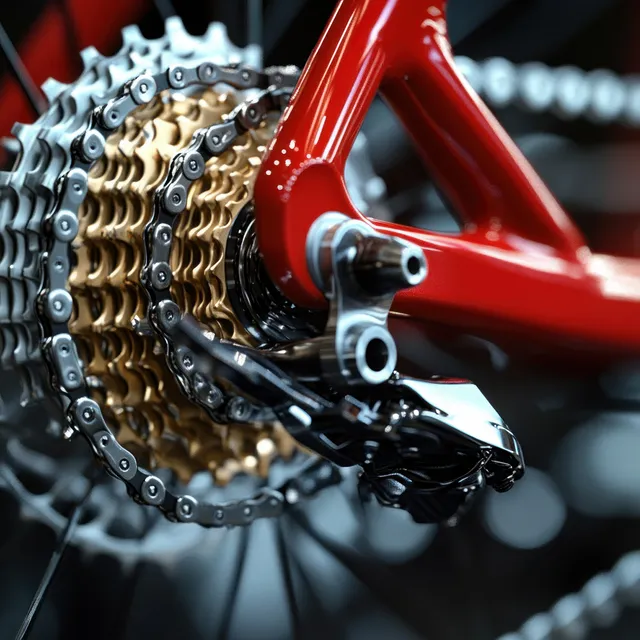 Close-up of a bicycle rear cassette and chain with derailleur on a red frame, showing metallic gear teeth and link structure.