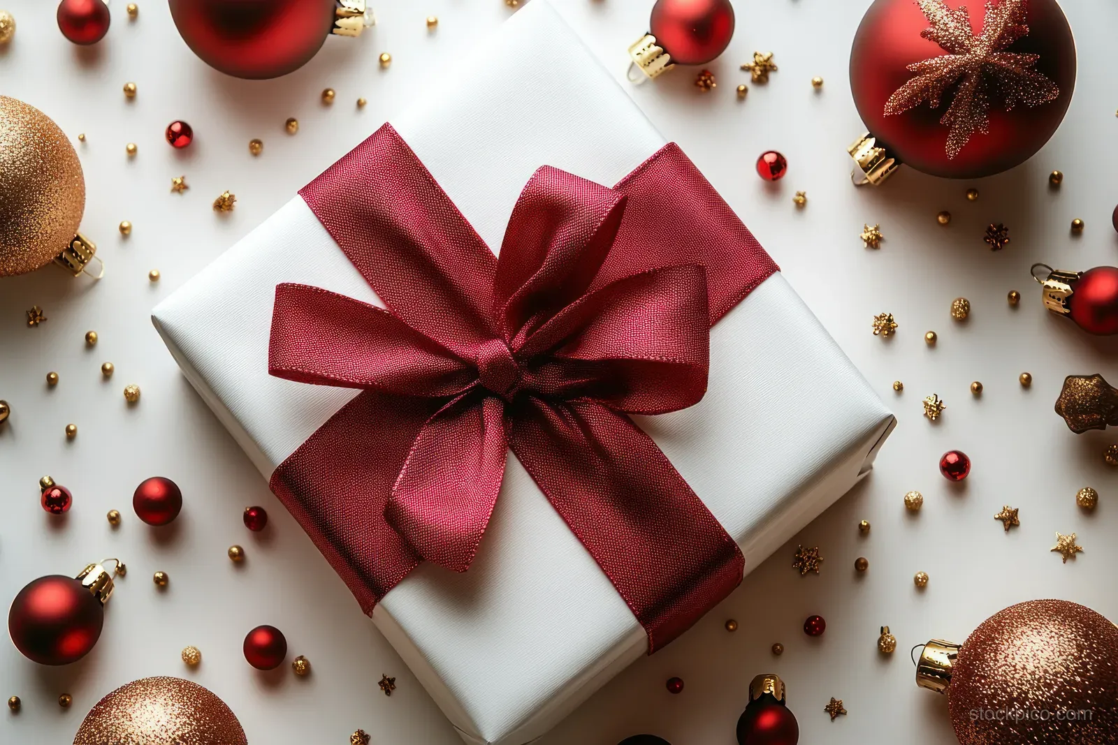 Minimalist Christmas gift box with a red ribbon surrounded by red and gold baubles on a white background.