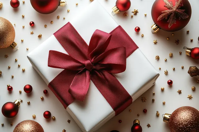 Minimalist Christmas gift box with a red ribbon surrounded by red and gold baubles on a white background.
