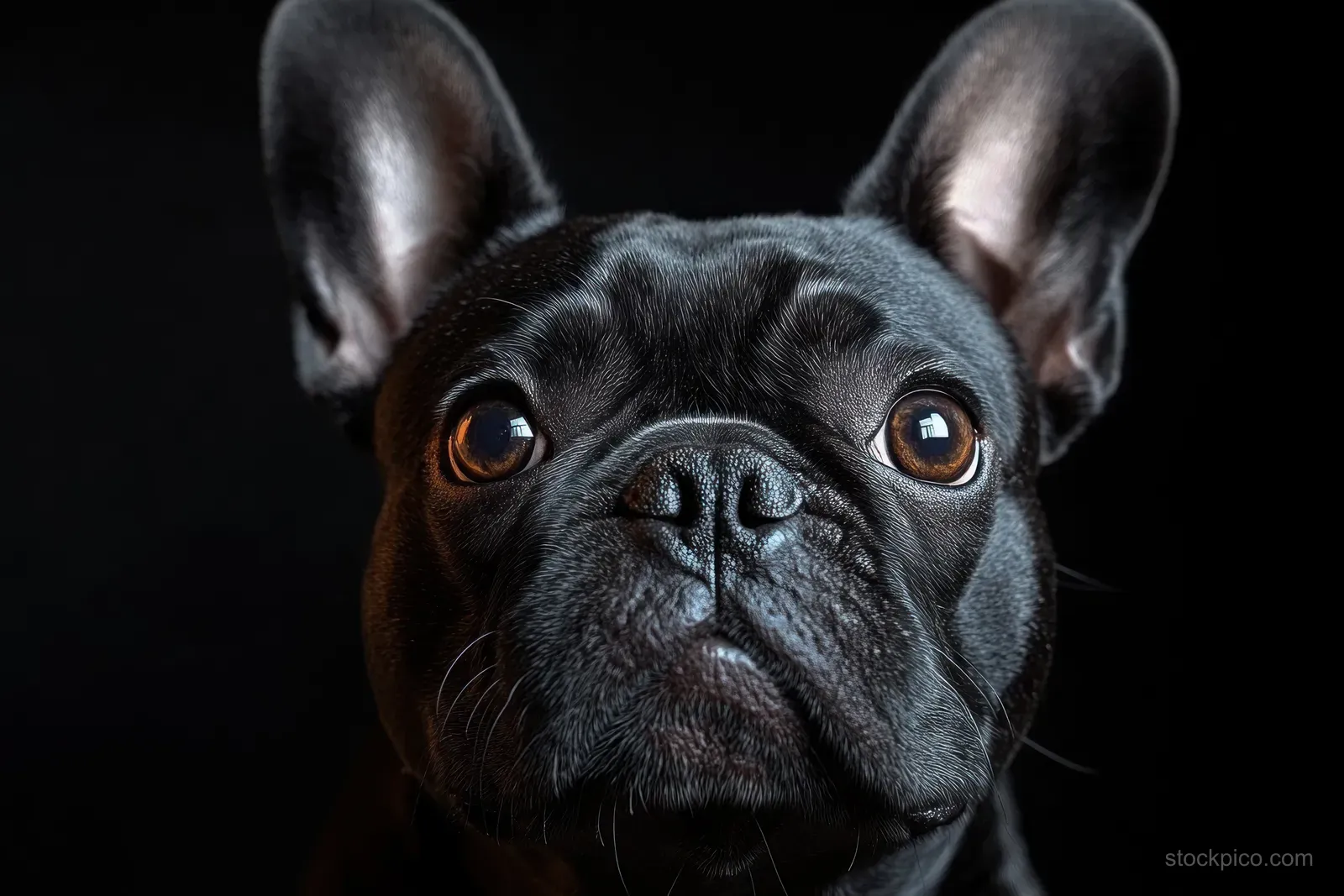 Black French Bulldog close-up portrait with perked ears and amber-brown eyes against a dark background.