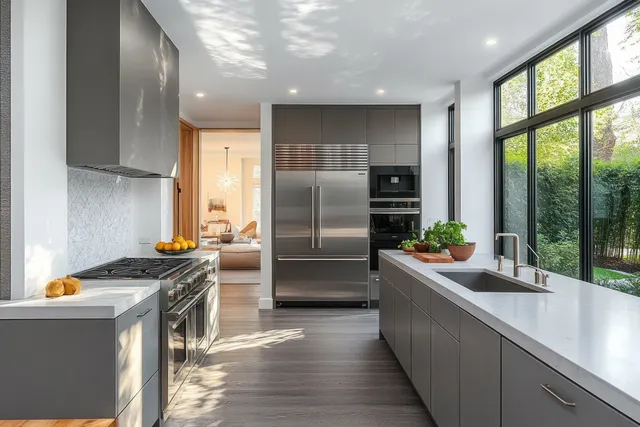 Gray Scandinavian kitchen with stainless refrigerator and stove, bright windows, and tidy countertops.