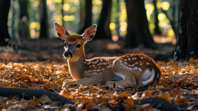 A young deer fawn rests on autumn leaves in a sunlit forest with tall tree trunks behind.