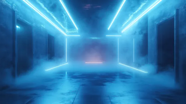 Cyberpunk hallway interior with neon blue light strips, thick fog, and empty street-like perspective