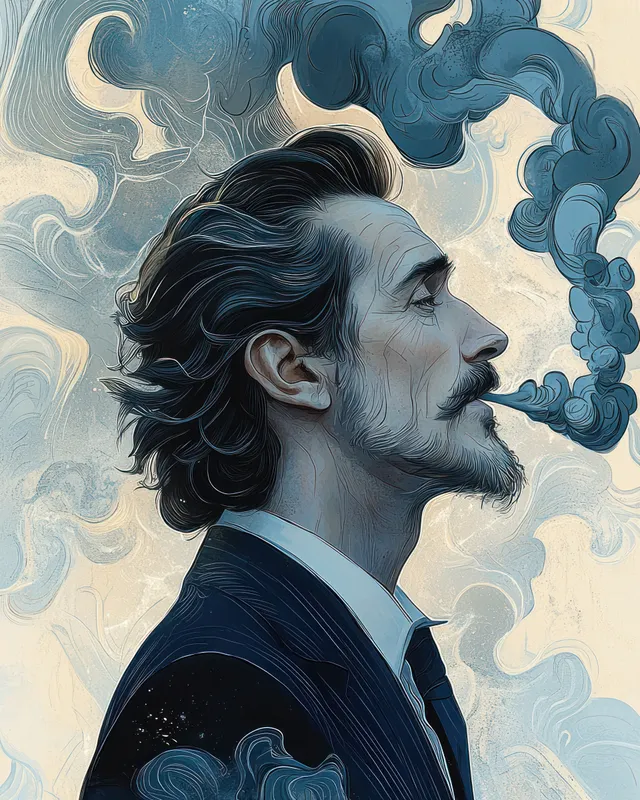 A bearded man in a suit exhales blue smoke curls in a stylized side-profile portrait.