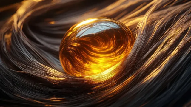 Golden glowing orb embedded in swirling metallic strands with warm light reflections and smooth flowing curves.