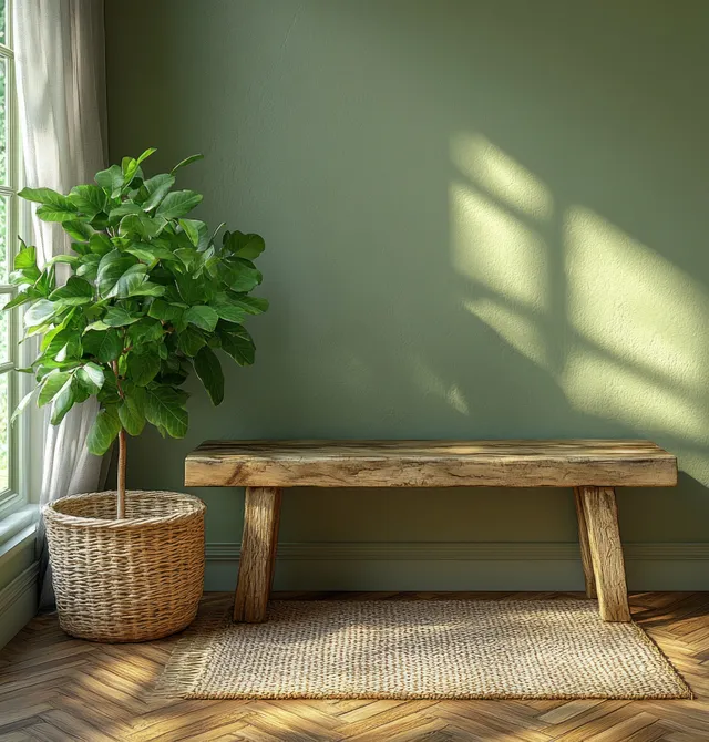 Wooden bench and woven plant basket sit beside a leafy green plant against a dark olive wall.