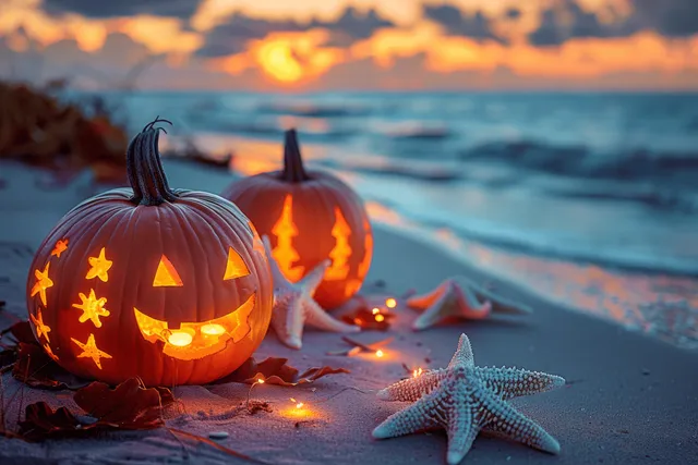 Carved glowing pumpkins and starfish sit on a sandy beach at sunset with ocean waves behind.