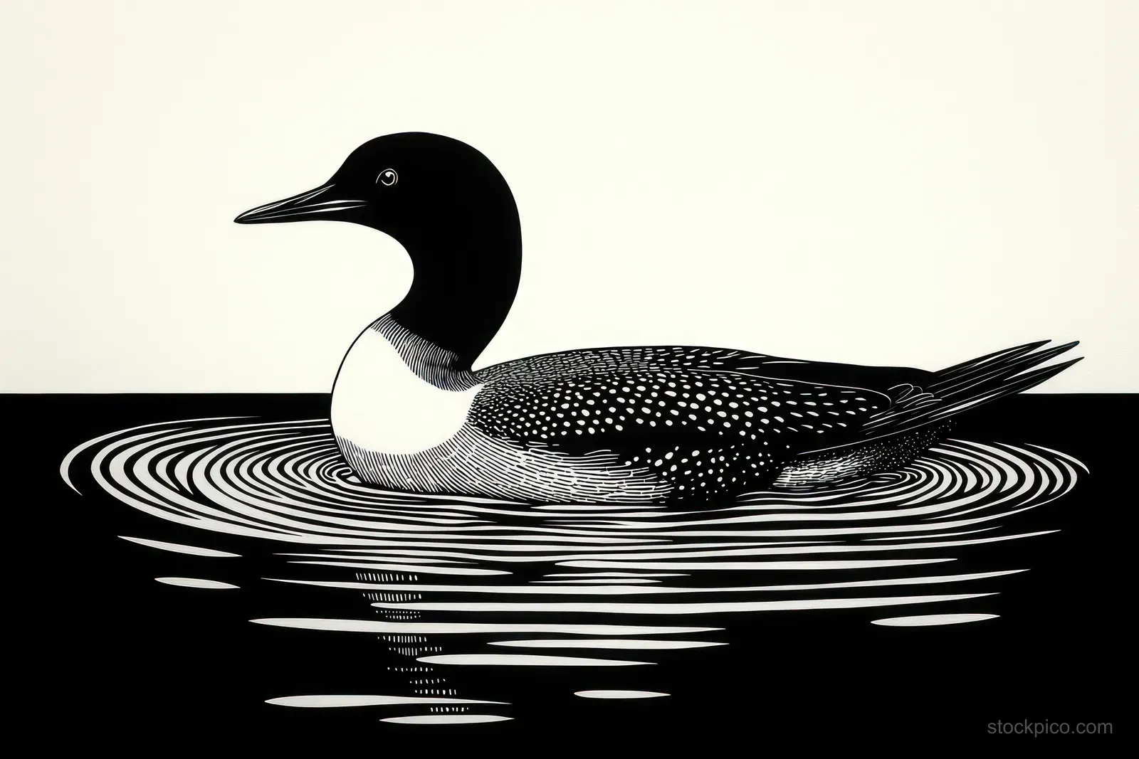 A monochrome bird floats on dark water, surrounded by concentric ripples and reflected rings.