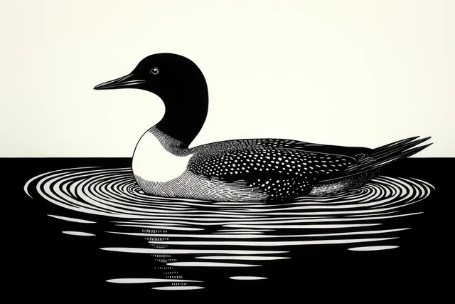 Monochrome illustration of a diving bird floating on water, ripples radiating beneath with Ripples And Waves