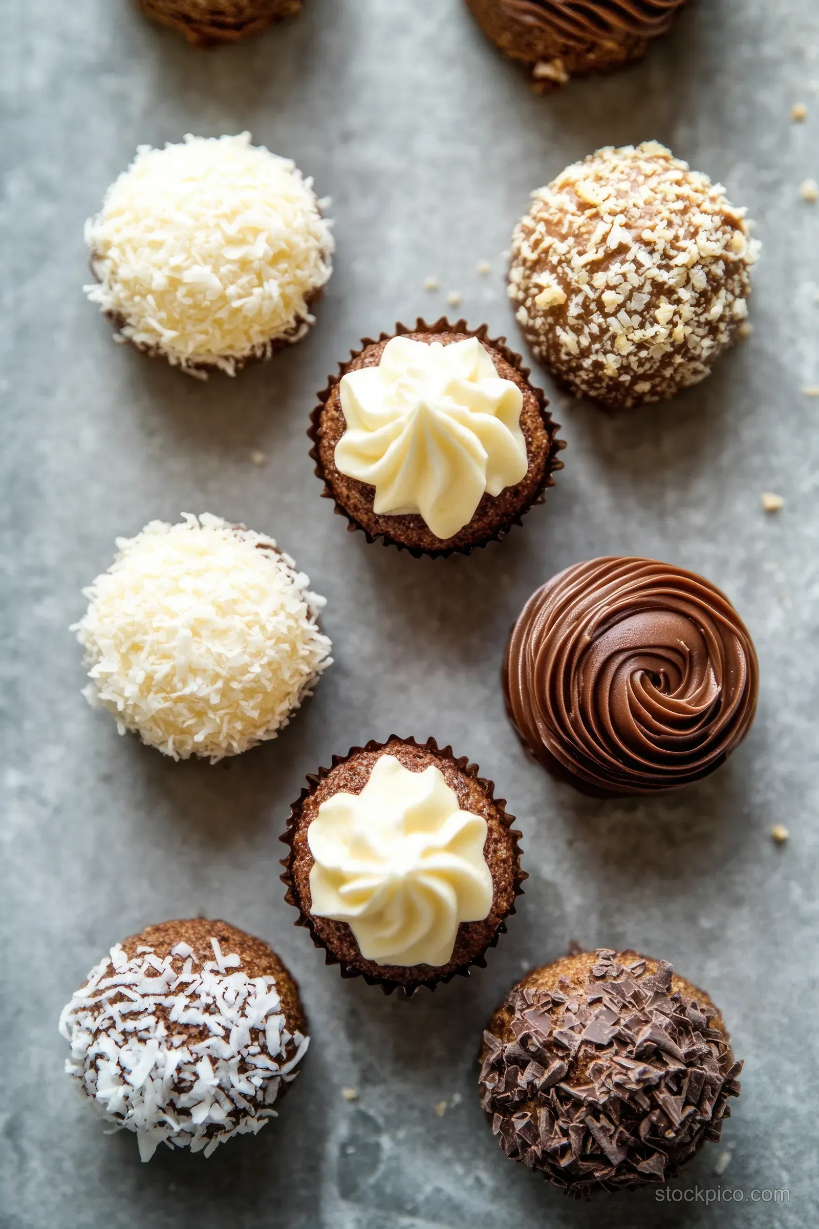 Assorted cupcakes with chocolate swirls and shredded coconut arranged on a gray surface with piped white cream frosting.