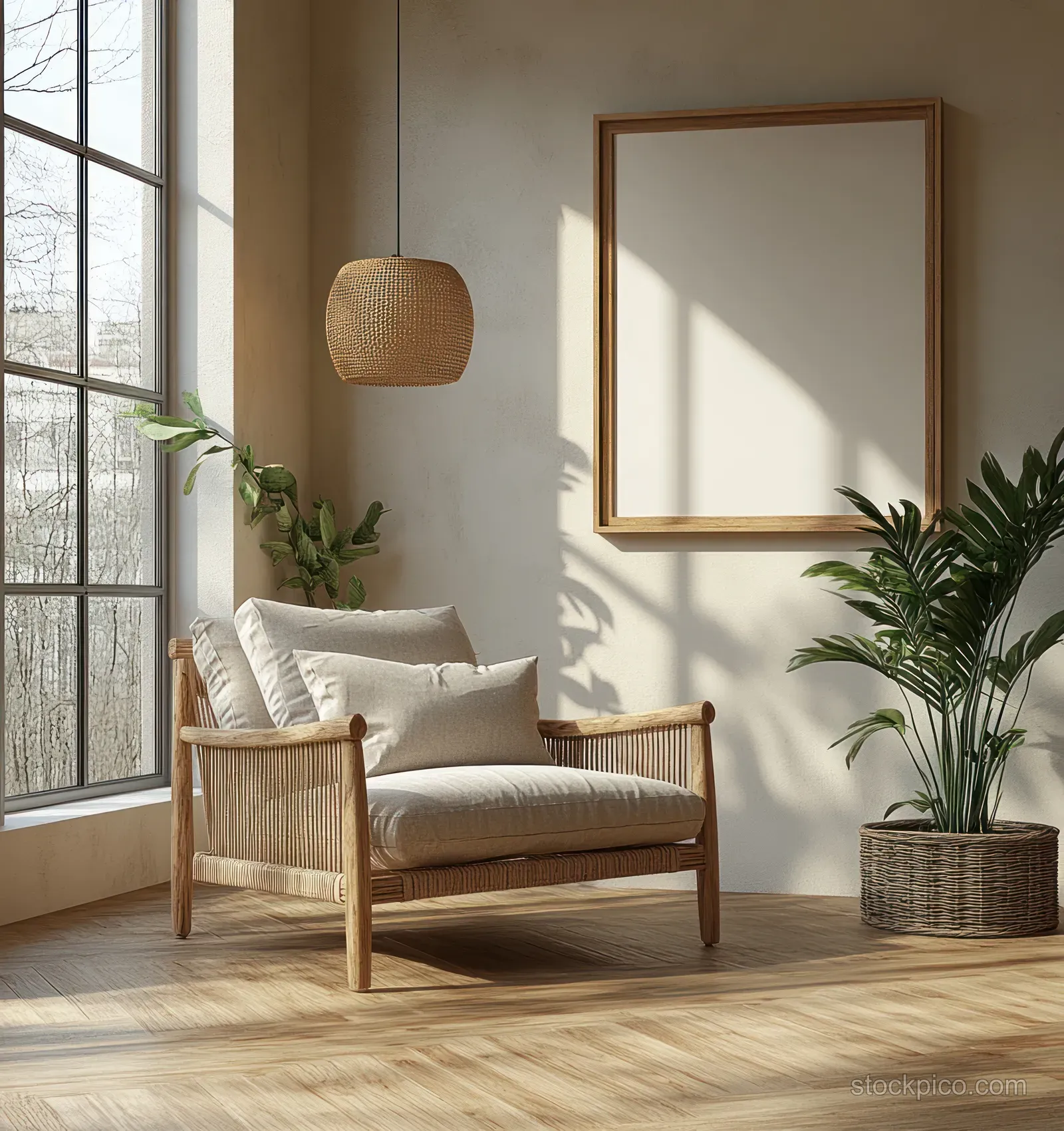 Sunlit Scandinavian interior corner showing a wooden chair, potted plants, and a blank wall picture frame.