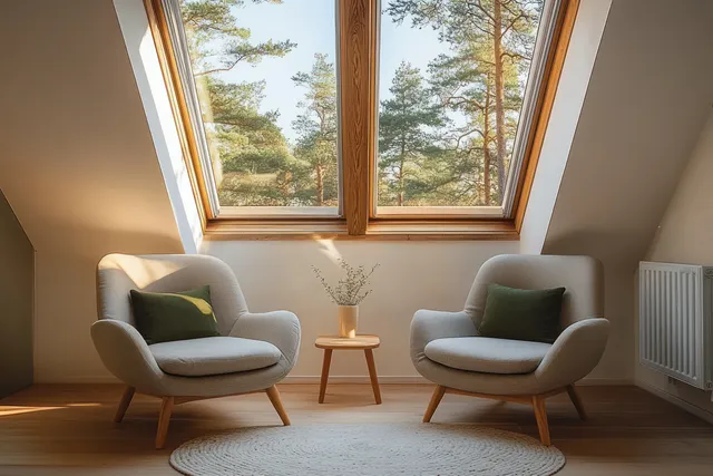 Minimalist living nook with two green-cushioned armchairs, small side table, skylight view