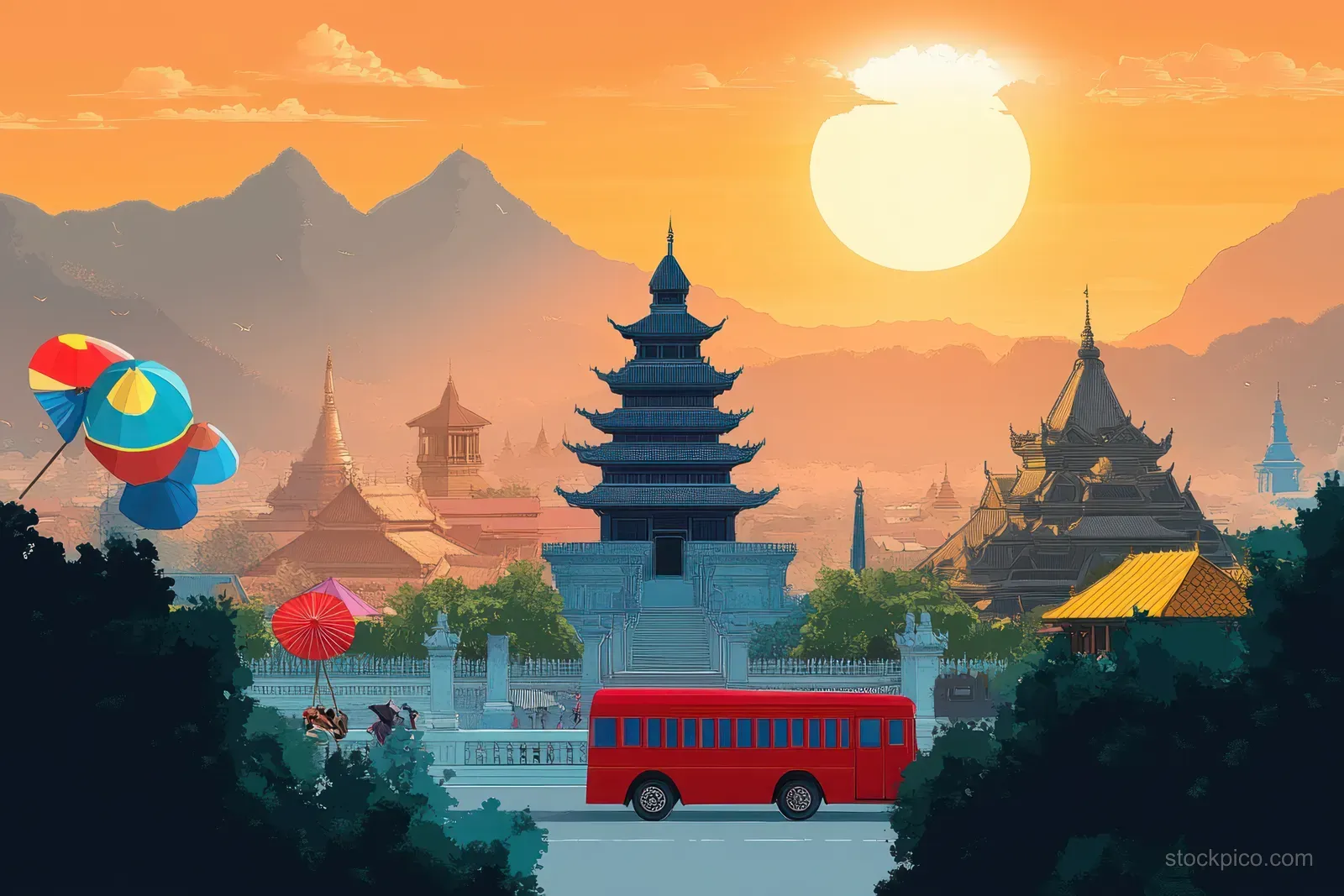 Red bus passes an ancient pagoda temple complex as colorful umbrellas float in the sunset sky.