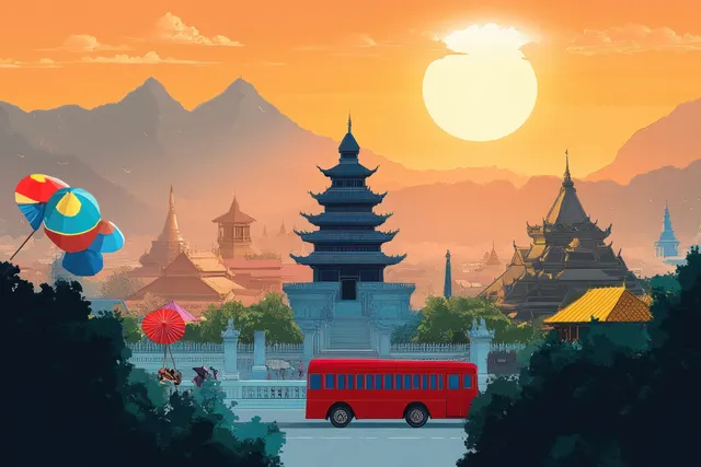 Red city bus drives past ancient pagoda temple complex at sunset with floating umbrellas
