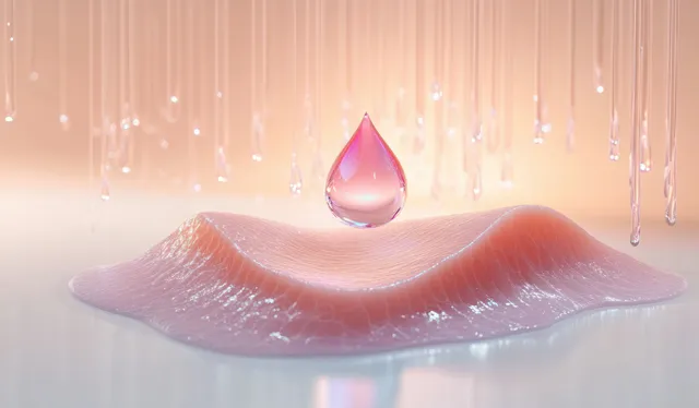 Collagen serum drop hovering above glossy pink lips, with soft water droplets