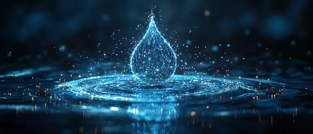 Glowing blue digital water drop formed from interconnected points above rippling surface