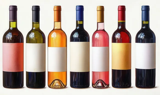 Seven wine bottles with blank labels and colorful caps are lined up on a white background.