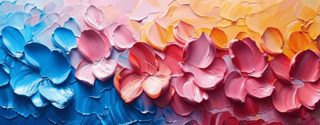 Close view of layered pastel blue, pink, and yellow flower petals forming an abstract floral wall background.
