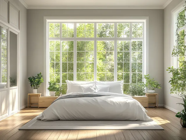 A neatly made bed in a Scandinavian bedroom with bright light from grid windows and green plants visible.