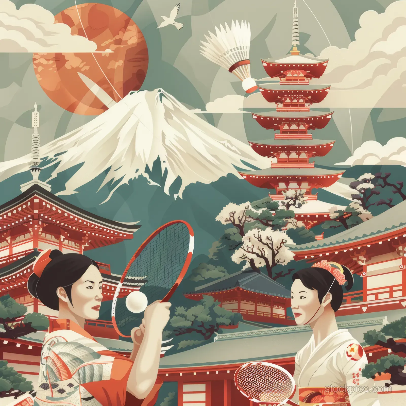 Illustration of two badminton players in rally pose before Japanese temple roofs and pagoda towers.