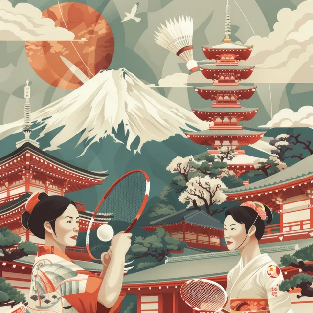 Illustration of two badminton players in rally pose before Japanese temple roofs and pagoda towers.