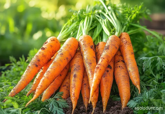 Freshly Harvested Carrots Lying on Soil with Green Foliage