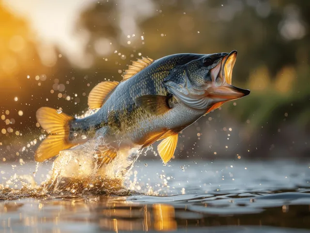 Largemouth bass leaps from lake water at sunset, creating splash droplets and showing detailed scales and fins.