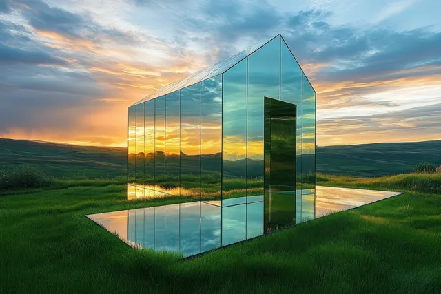 Reflective glass house with pitched roof on green lawn under dramatic sunset clouds