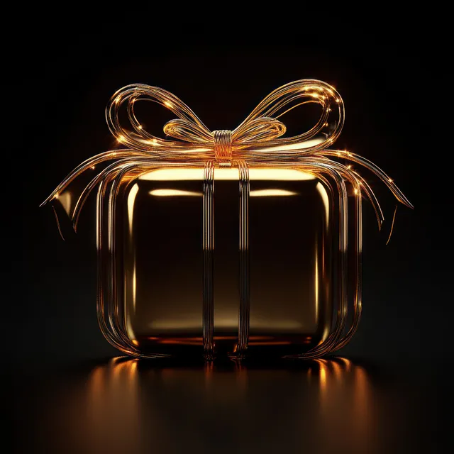 Luminous gold gift box with ribbon bow glowing on a dark black background with reflective highlights.