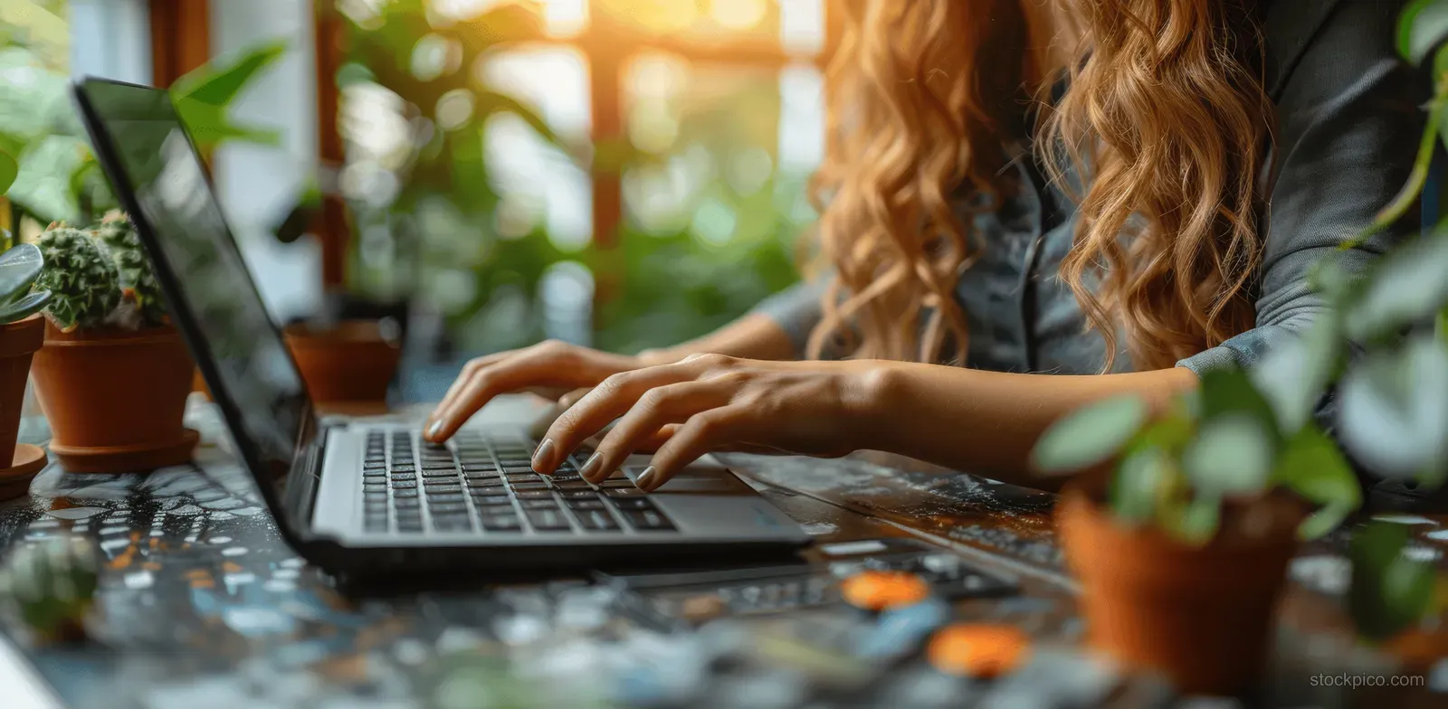 Businesswoman’s hands typing on a laptop beside papers and office supplies during financial document review.