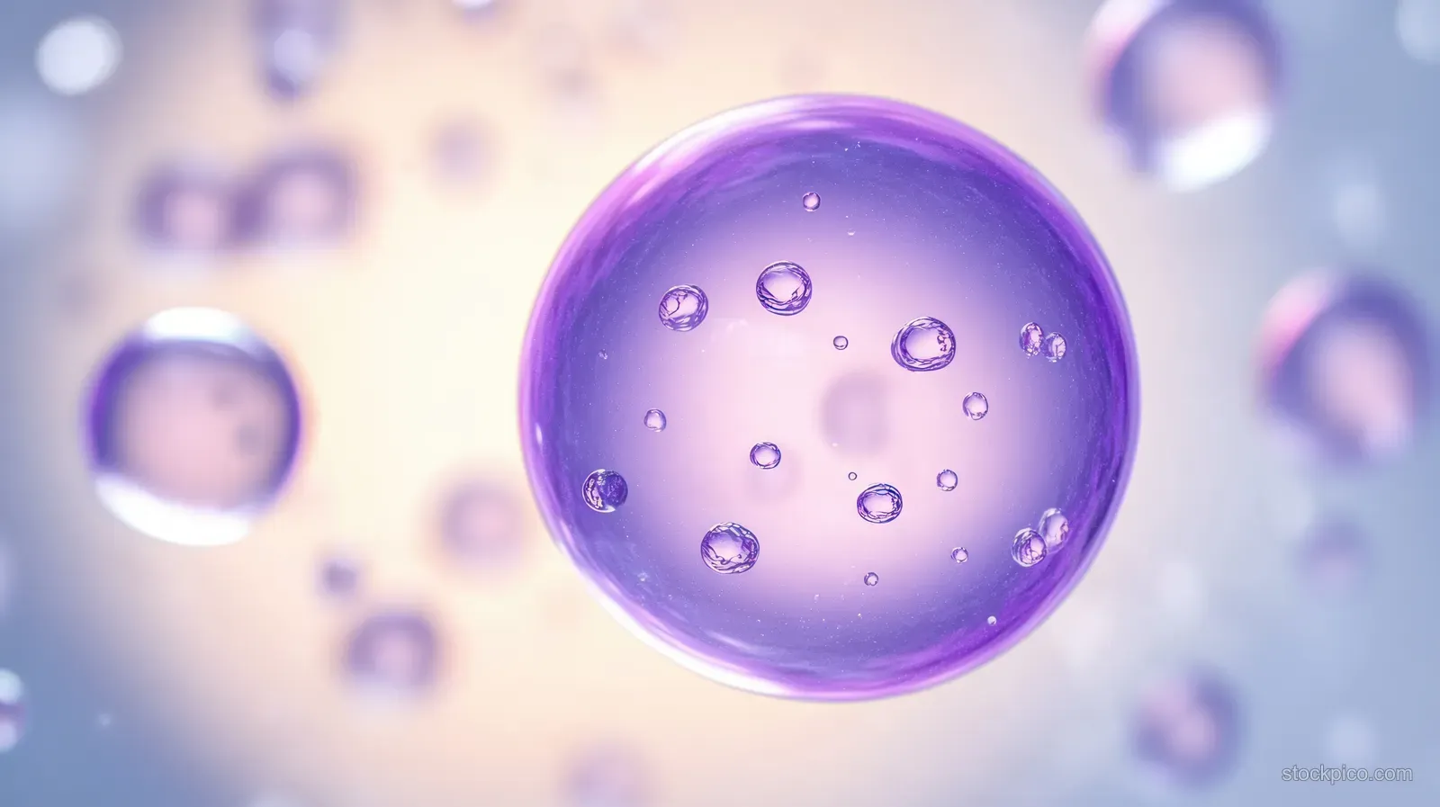 A purple translucent droplet floats over a blurred background of small skincare bubbles.