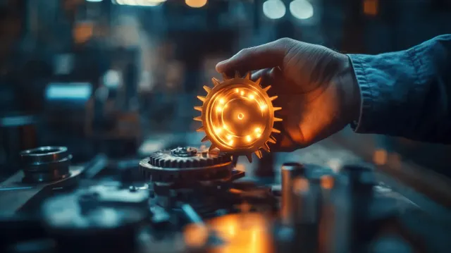 A hand rotates a glowing gear icon over a blurred digital dashboard suggesting agile transformation.