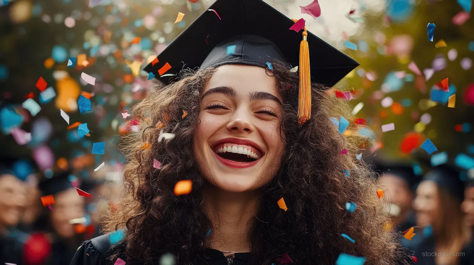 Smiling curly-haired graduate wearing a cap throws confetti at a graduation ceremony with people blurred in background.