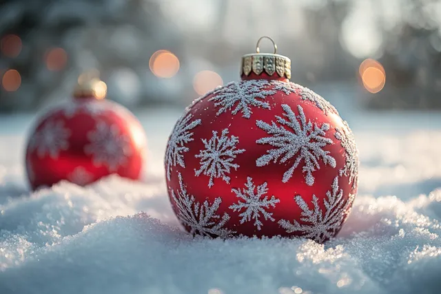 Red Christmas ornament with snowflake etching resting on snowy ground at winter bokeh