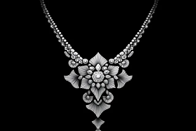 Intricate silver floral necklace with petal layers and gemstone-like accents centered against a deep black background.