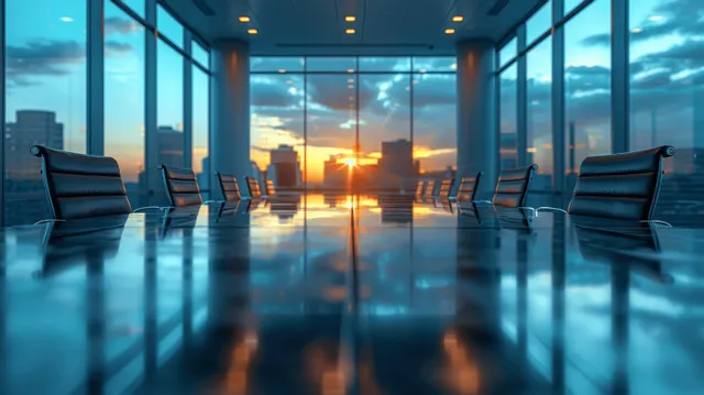 Empty modern conference room with panoramic windows, glossy glass table, and sunset light reflecting on the floor.