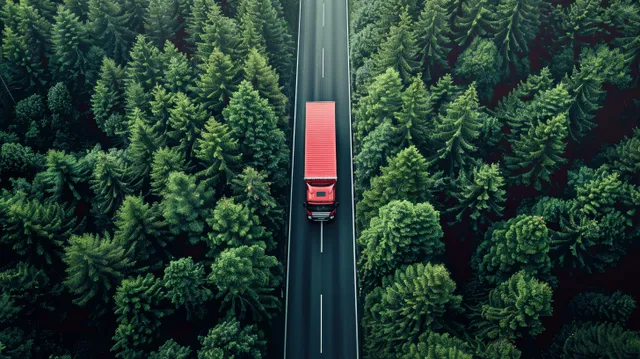 A red truck drives along a straight road through dense evergreen forest.