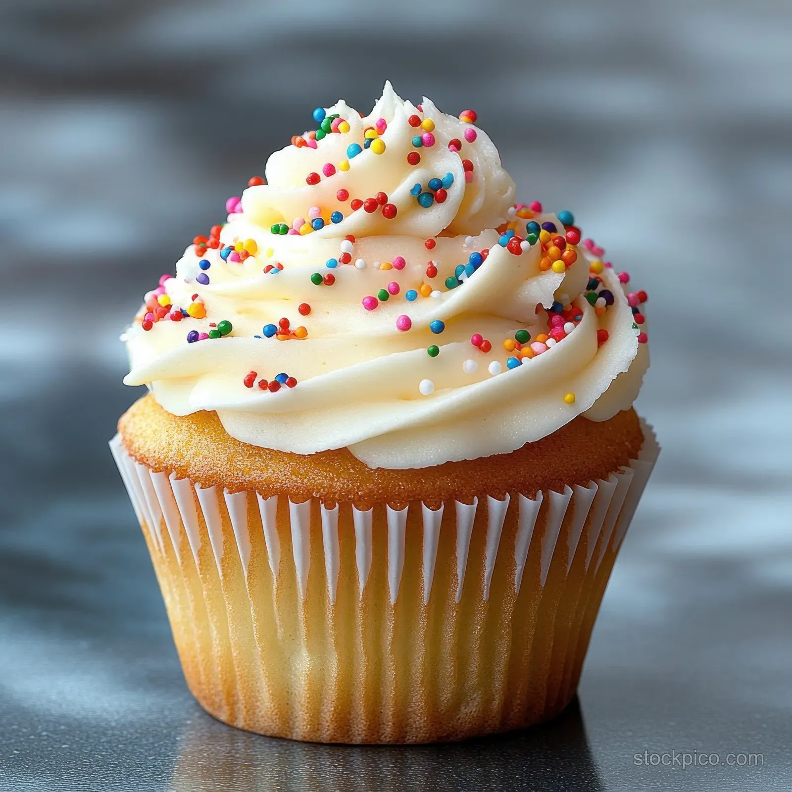A vanilla cupcake with white swirled frosting and colorful sprinkles on a gray surface.
