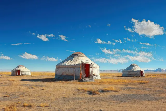 Three round yurts stand on dry grassland beneath a clear blue sky with scattered clouds.