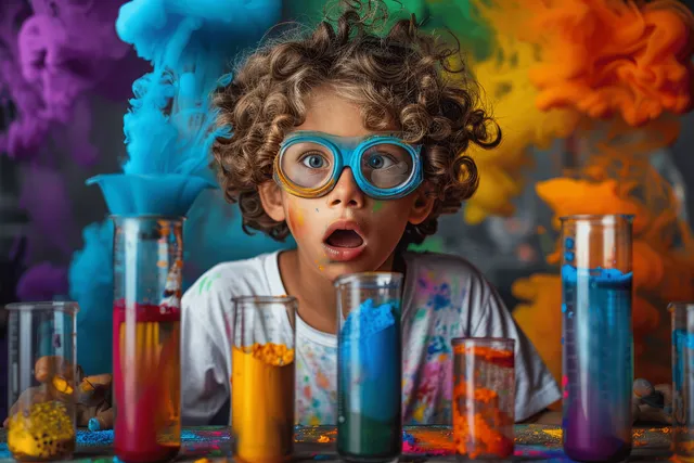 Curly-haired boy in goggles leans over chemistry test tubes with colorful vapor clouds
