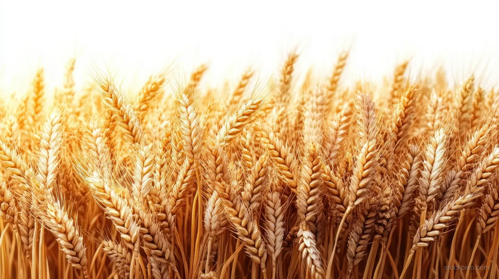 Golden wheat ears fill the frame in a sunlit crop field with visible grain texture.