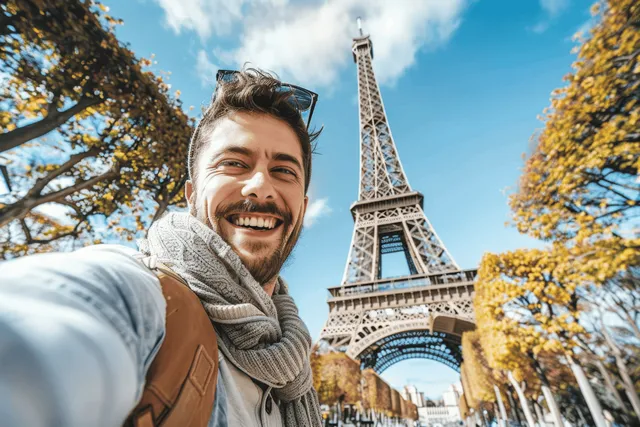 Smiling man takes a selfie making a peace sign with the Eiffel Tower behind him in sunny Paris.