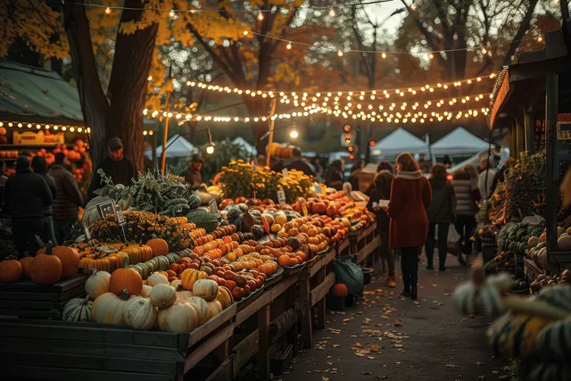 Autumn farmers market at sunset with glowing string lights and stacked pumpkins